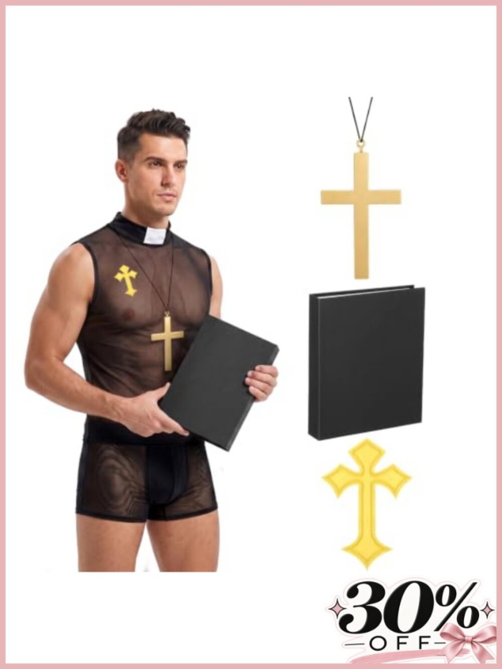 Men's Priest Cosplay Costume Set 5 Pc Mesh Cross Necklace Halloween